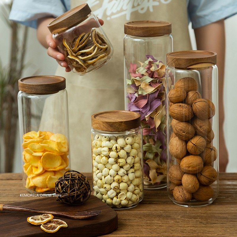 Food Storage Jar Glass - Houten deksel Glazen luchtdichte bus Keukenopslag