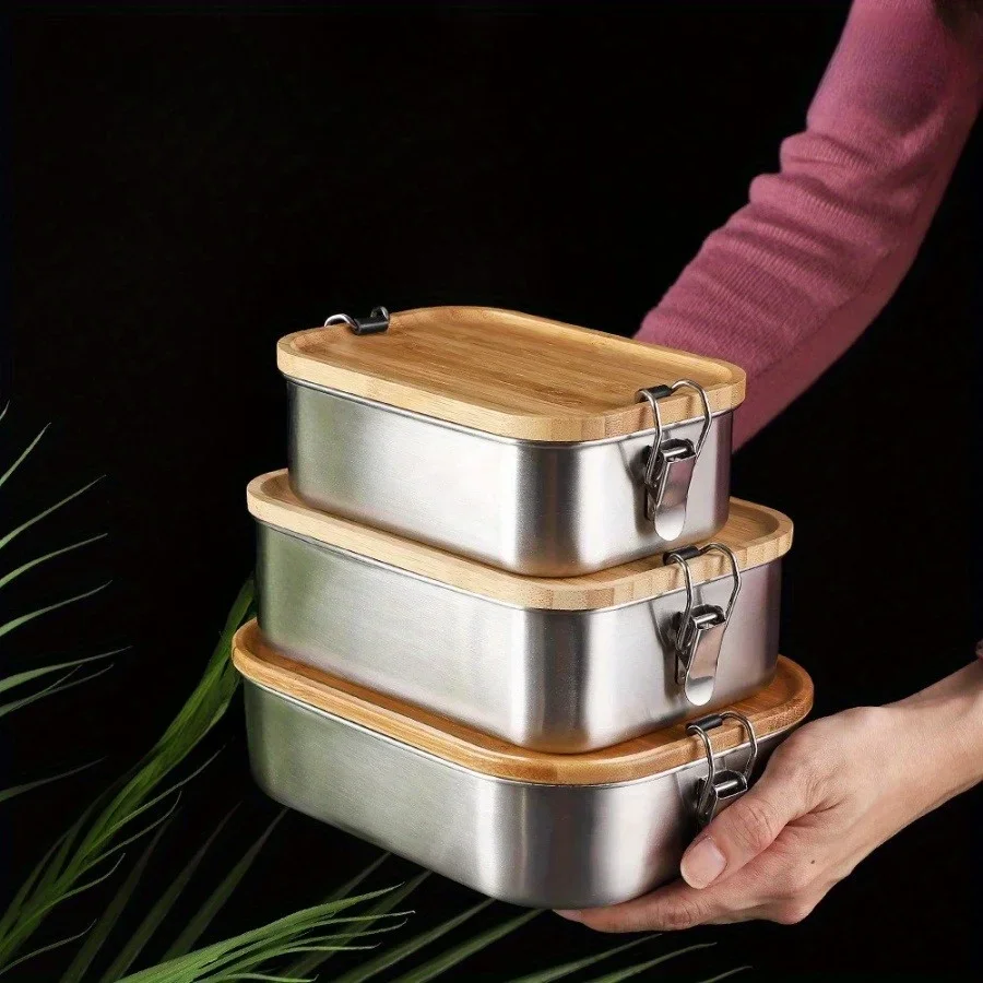 Food Storage On Table - Nieuwe 304 Roestvrijstalen Bamboe Deksel Lunchbox,
